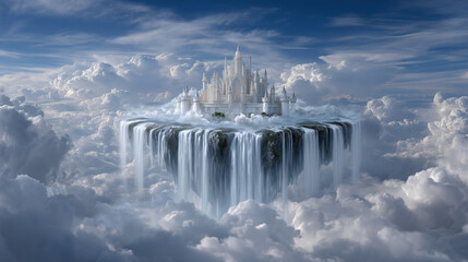 Surreal castle floating above the clouds with waterfalls dreamscape, fantasy kingdom, flying island, enchanted structure, otherworldly, sky realm, fantasy architecture.