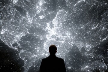 Obraz premium Crowdfunding expansion: person and networked digital map. Crowdfunding impact. Crowdfunding evolution: from personal causes to global impact. Crowdfunding apps. Digital fundraising.