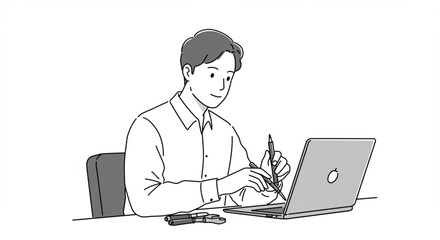 Vector illustration of a creative professional or designer sitting at a desk, drawing on a graphics tablet with a laptop computer.