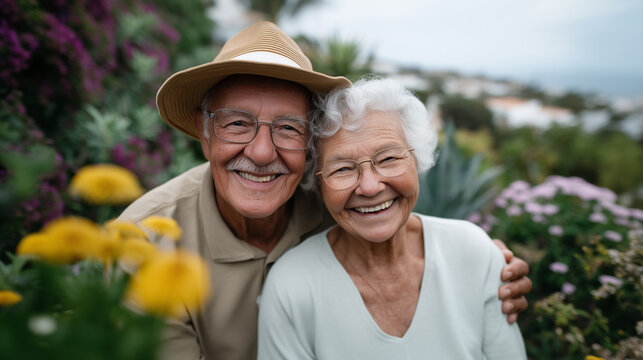 Elderly couple gardening together in sunny backyard slow living, healthy lifestyle, relationship goals, senior love, nature therapy. - Powered by Adobe