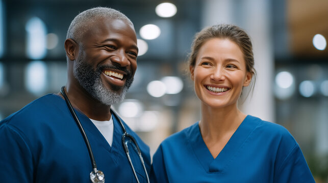 Doctor and nurse having supportive conversation in hospital corridor empathy, healthcare workers, emotional support, teamwork, medical life, real moment.