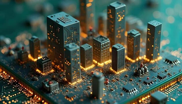 Video footage clip showing an animated futuristic city rising from a computer motherboard symbolizing smart cities AI automation and technological progress