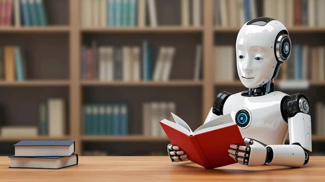 Video footage clip of a happy humanoid robot studying and reading books in a library representing artificial intelligence AGI ASI learning machine knowledge and innovation