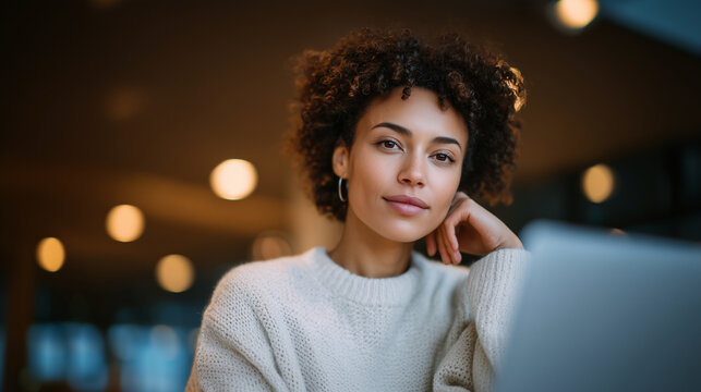 Freelancer woman working in coworking space, warm tones, focused expression, modern tech