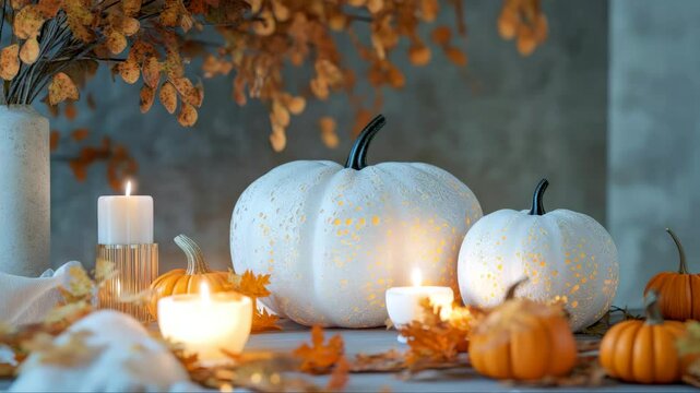 Autumn composition with pumpkin and candles. Beautiful autumn decor