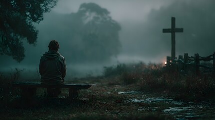 Reflective Moment: Male Worshipper Praying at the Foot of the Cross