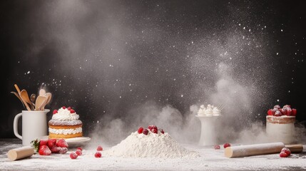 Baking competition setup with flour and rolling pin