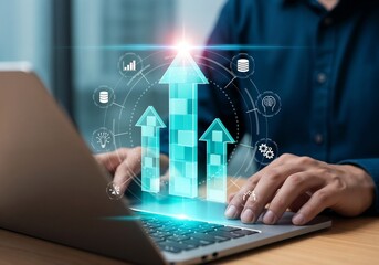 Performance enhancement and efficiency optimization. Business process improvements with innovative solutions. Businessman using laptop computer for intelligent technology.