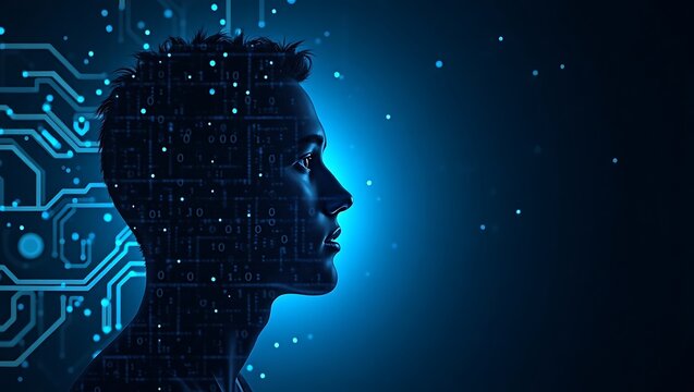 Digital human silhouette with binary code and circuit board elements