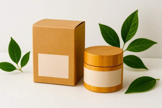 Eco-Friendly Packaging Mockup with Kraft Box, Bamboo Jar, and Green Leaves on White Background