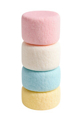 Stack of Colorful Marshmallows in Pastel Pink White Blue and Yellow, Soft Cylindrical Sweets for Candy Lovers, Isolated on Transparent and White Background