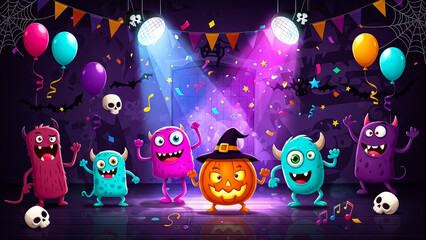 Vibrant Halloween monster party scene with adorable, colorful creatures, a pumpkin in a witch hat, balloons, confetti, skulls, and festive decorations under spotlights, perfect for spooky celebrations
