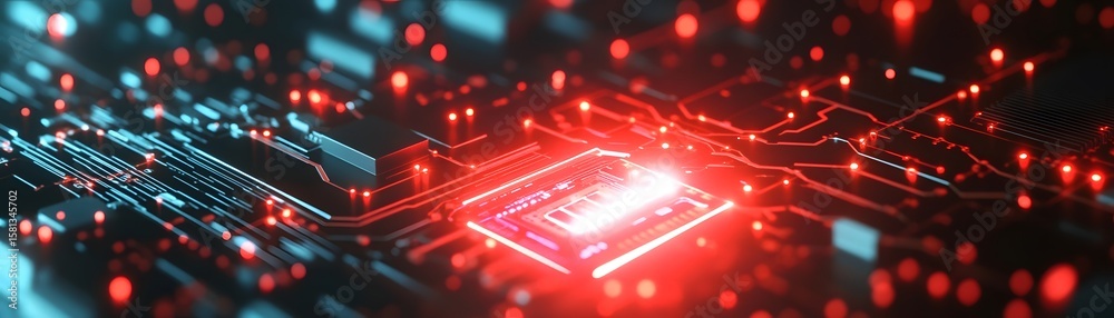 Poster a close-up of a computer chip glowing with dynamic red and blue lights, showcasing intricate circuit