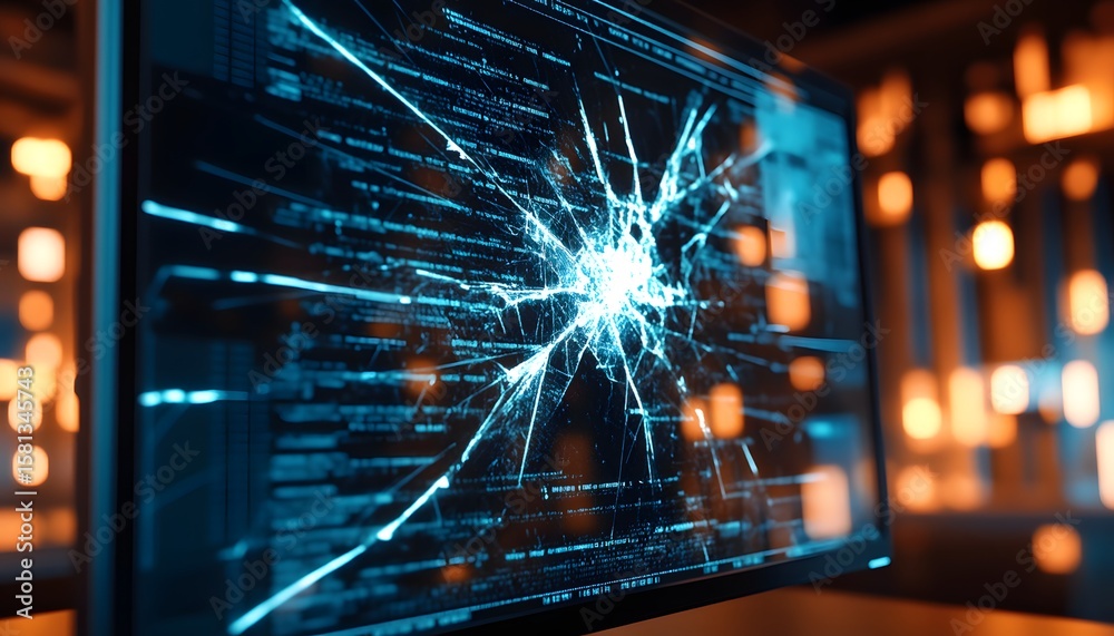 Poster a close-up view of a cracked computer screen displaying glowing code. this image symbolizes digital 
