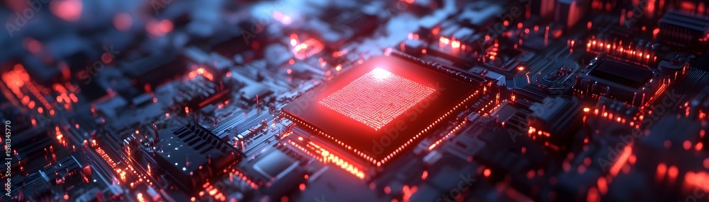 Poster a close-up view of a modern microchip illuminating with red lights, showcasing intricate circuits an