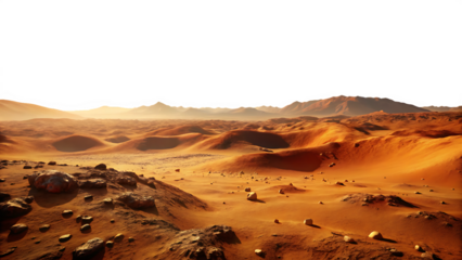 Vast orange desert landscape with rolling dunes and scattered rocks under a dark sky Ai isolated on a transparent background