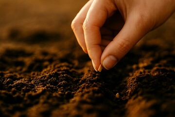 Close-up of a hand planting a seed in rich soil. Perfect for topics of gardening, growth, sustainability, organic farming, or eco lifestyle.