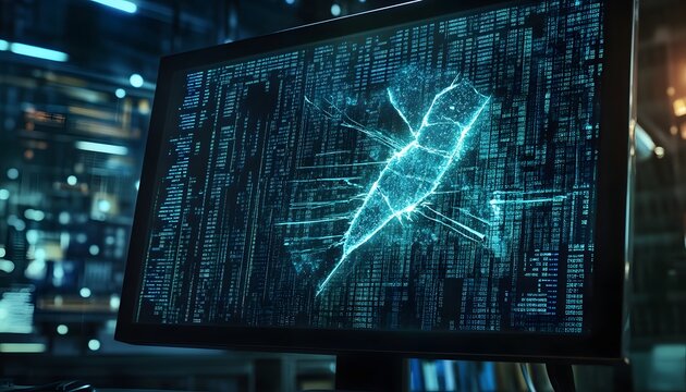 A close-up view of a computer monitor displaying complex blue digital data and analytics, showcasing technological advancement and modern computing power in a high-tech environment