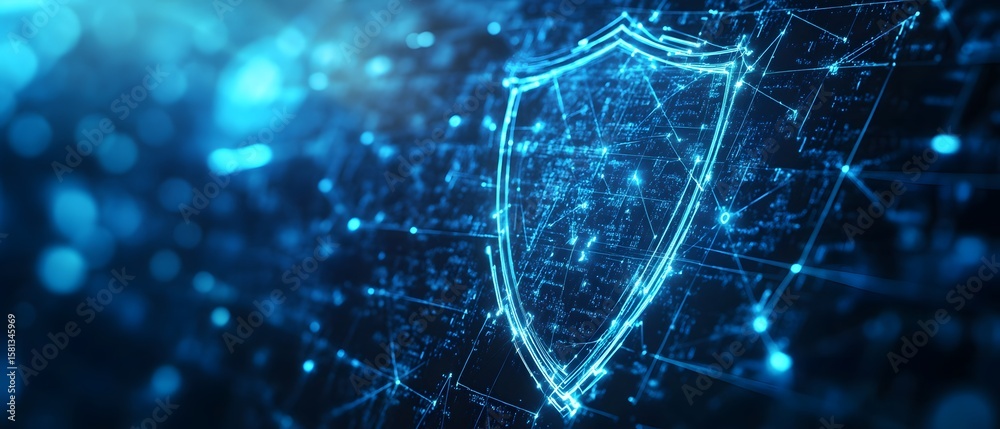 Poster a digital shield symbolizing cybersecurity protection with interconnected nodes, representing advanc