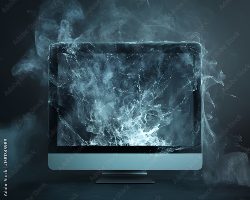 Fototapete a dynamic display of digital smoke emerging from a computer monitor, symbolizing innovation and the 