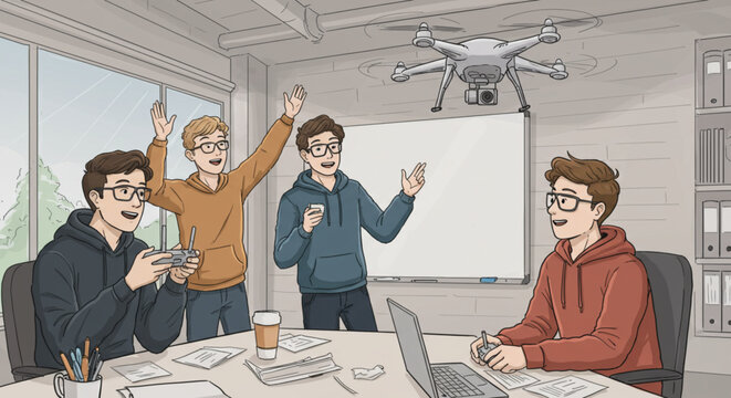 A team of young male engineers or students testing a new drone prototype in a collaborative office or workshop setting.