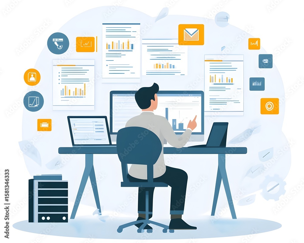 Poster a man engaging in data analysis at his desk, surrounded by digital reports and analytics. the worksp