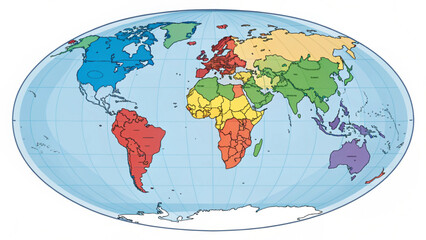 World map showing continents in different colors with an oval shape and blue ocean background design image