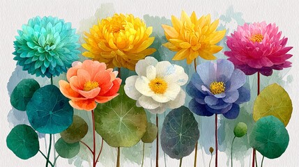Fototapeta premium Hand Painted Watercolor of Vibrant Multicolored Flowers and Leaves