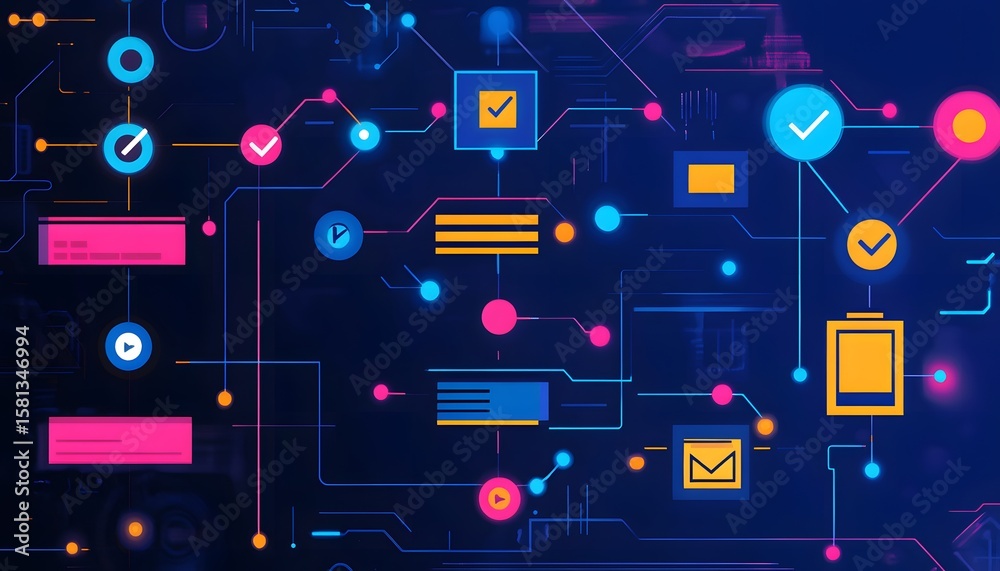 Poster a vibrant digital network visualization showcasing interconnected nodes and symbols representing com