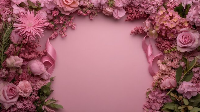 Pink ribbon and floral arrangement for breast cancer awareness
