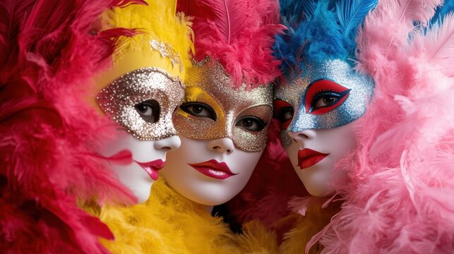 Colorful carnival masks with glitter and feathers for festive celebrations