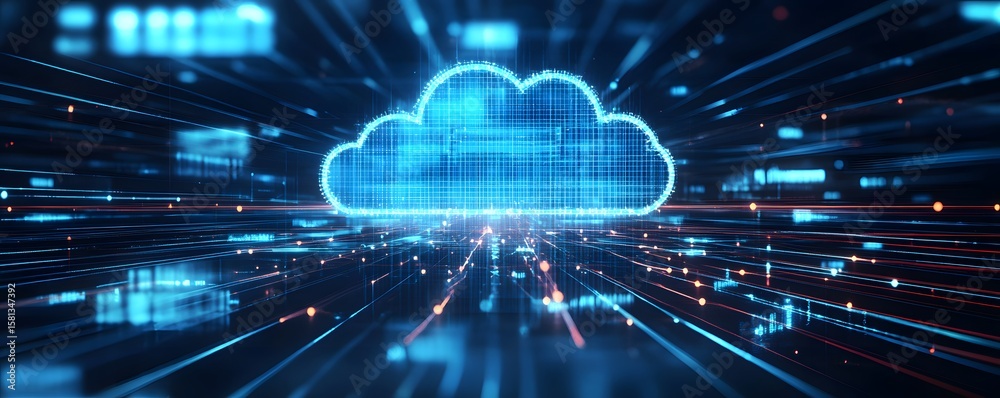 Poster futuristic digital cloud computing concept with vibrant data streams and blue illuminating effects, 