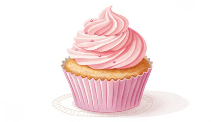 A delightful cupcake with pink frosting and a pink wrapper sitting on a decorative white plate here