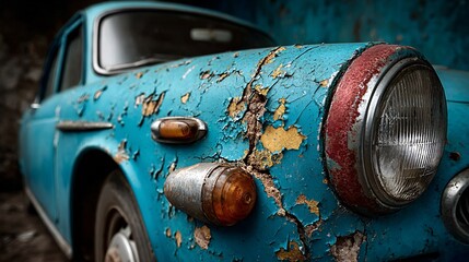 Close-Up of a Car Door with Distressed Blue Paint and Dents