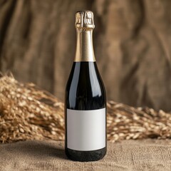 Craft-themed mockup of champagne bottle with blank label on rustic boho surface.