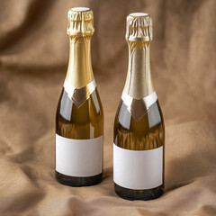 Pair of mini champagne bottles mockup with blank white labels on a craft rustic background.