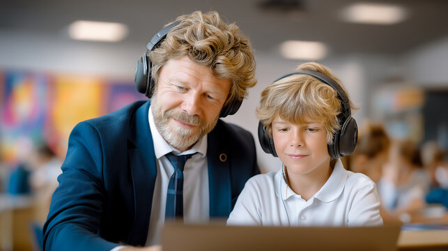 Man and boy engage in interactive learning using a laptop with headphones. Bright classroom filled with students working around them. Concept of education, mentorship, family engagement