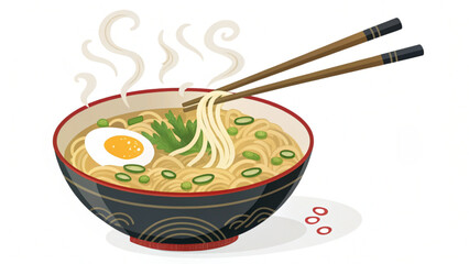 Illustration of a steaming bowl of ramen with noodles egg scallions cilantro and chopsticks on a white background
