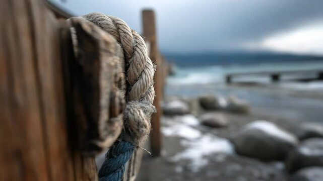 Rustic wooden fence with rope detail overlooking the ocean shore