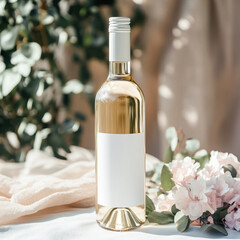 Engagement gift wine bottle mockup with blank label and romantic floral setup.