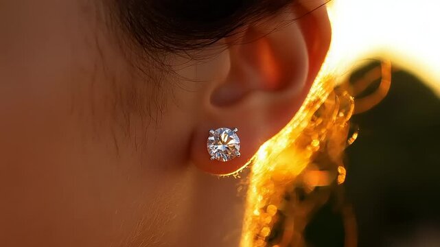 Close-up of diamond stud earrings on an ear.
