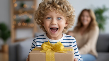 Boy with curly hair looks at camera, smiling while holding a gift box with yellow ribbon. Warm living room setting with soft lighting creates atmosphere of joy