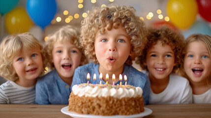 Boy in front prepares to blow out birthday candles on beautifully adorned cake. Friends cheer joyfully in playful atmosphere decorated with colorful balloons