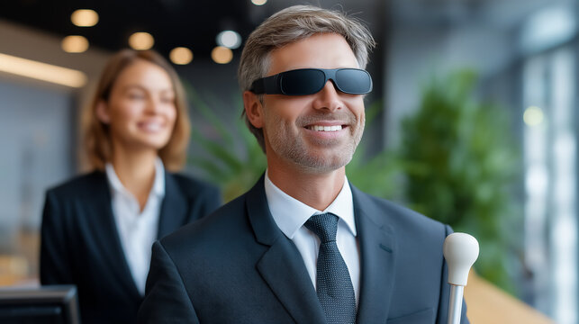 Man wearing sunglasses smiles confidently in contemporary office space. Brightly lit with plants and modern decor, showcasing a professional atmosphere. Concept of diversity, inclusion, empowerment