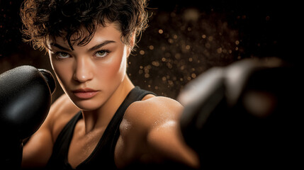 Woman wearing boxing gloves practices her punches with strong focus and intensity. Dark gym setting enhances dramatic atmosphere, showcasing her dedication to the sport