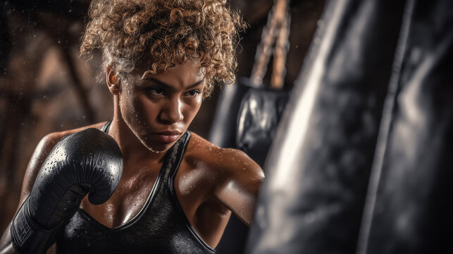 Female boxer throwing punch at heavy bag in dimly lit gym. Sweat glistens on her skin as she focuses on technique and form. Concept of sports training, fitness motivation, empowerment - Powered by Adobe