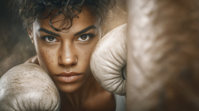 Determined boxer training with focus and intensity, looking directly at camera. Gritty gym setting with boxing gloves and dusty surroundings. Concept of sports, fitness, personal training - Powered by Adobe