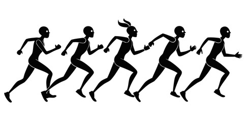 Diverse group of runners in silhouette form competing in a race on a white background isolated on white background