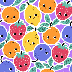Cute summer seamless pattern of berry and berry fruits in kawaii style,vector illustration.