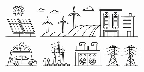Collection of renewable energy sources and infrastructure icons in a simple line art style silhouette isolated on white background